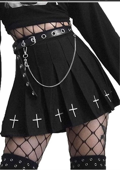 Egirl Skirt, Emo Costume, Metal Concert Outfit, Punk Tartan, Alternative Fashion Outfits, Metal Outfit, Black Uniform, Goth Skirt, Cross Embroidery