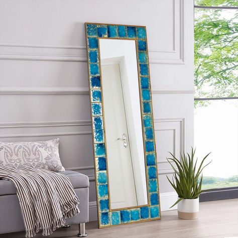 ✅With its unique shade of blue and gold coating, this wonderful mirror will add extraordinary beauty to your home. ✅The stones are used on the mirror called as Travertines Stones , which are natural stones and rare founded. All of them has been put it by hand one by one. ✅Each of its products has wooden and hanging apparatus. In this way, it can be easily hung on the wall. Mirror Wall Decor Living Room, Blue Tile Patterns, Moroccan Style Home, Home Mirror, Mirror Hallway, Bohemian Mirror, Living Room Mirror, Mosaic Mirrors, Mosaic Tile Mirror