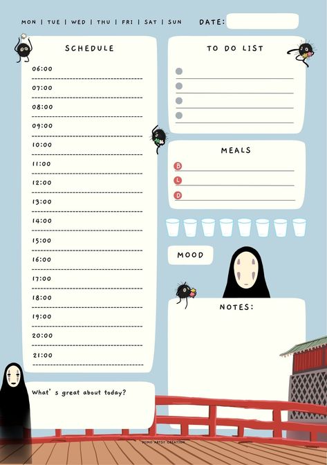 Spirited Away No Face Daily Planner | Studio Ghibli | Printable Planner by  Rose Johnson Lists For Planners, Studio Ghibli Planner Template, Anime Digital Planner, Anime Planner Printables, Kawaii Daily Planner Template, Cute Daily Planner Template Aesthetic, Studio Ghibli Planner, Anime Daily Planner, Anime Planner Template