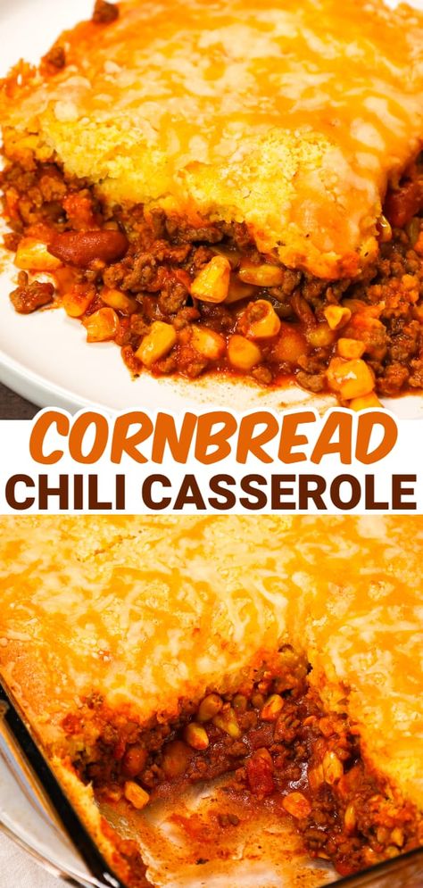 Chili Cornbread Casserole is an easy ground beef dinner recipe loaded with salsa, mixed beans, corn, chili seasoning and topped with cornbread and shredded cheese. Chilli Bake Casserole, Leftover Chili Cornbread Casserole, Mexican Chili Cornbread Casserole, Jiffy Chili Cornbread Casserole, Easy Recipes With Cornbread, Chili Mac Cornbread Casserole, Cornbread And Chili Casserole, Chili Topped With Cornbread, Cornbread Topping Recipe