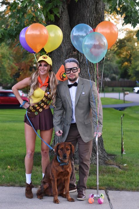 Up Couples Costume Carl And Ellie, Halloween Costume Russell From Up, Up Halloween Costume With Dog, Russel Up Costume Diy, Couples Up Costume, Homemade Space Costumes, Up Movie Halloween Costume Couple, Russell From Up Costume Diy, Up Carl And Russell