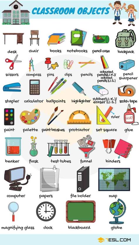 Learn English Vocabulary: Classroom Objects - ESL Buzz अंग्रेजी व्याकरण, Tatabahasa Inggeris, Materi Bahasa Inggris, Learning English For Kids, English Vocab, Kids English, English Verbs, English Classroom, English Language Teaching