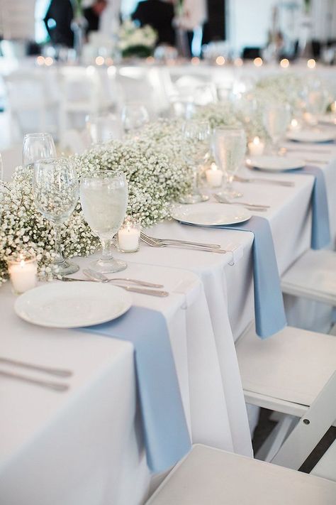 Baby Breath Wedding, Blue Wedding Receptions, Aisle Planner, Baby Blue Weddings, Something Blue Bridal, Blue Bridal Shower, Wedding Tablescape, Light Blue Wedding, Baby Breath