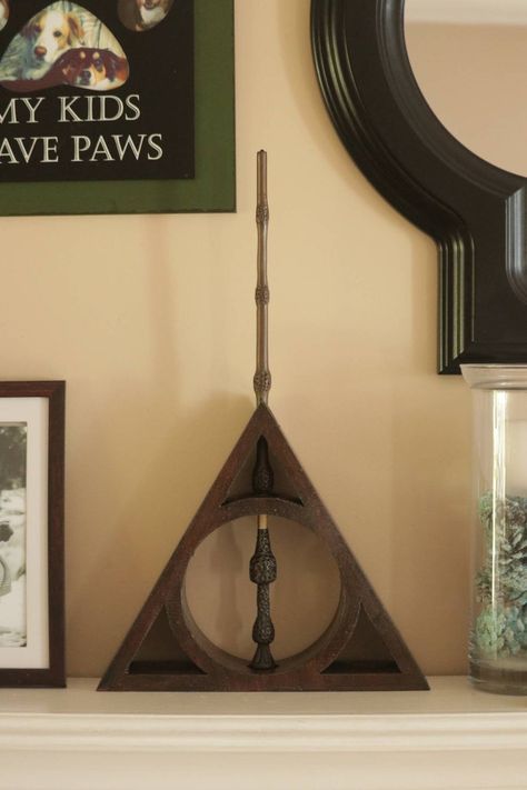 Deathly Hallows Inspired Wand Holder Harry Potter | Etsy Harry Potter Wand Display Ideas, Secret Harry Potter Room, Harry Potter Home Decor Aesthetic, Wand Display Diy, Harry Potter Gaming Room, Harry Potter Theater Room, Harry Potter Inspired Office, Harry Potter Theme Office, Harry Potter Display Ideas