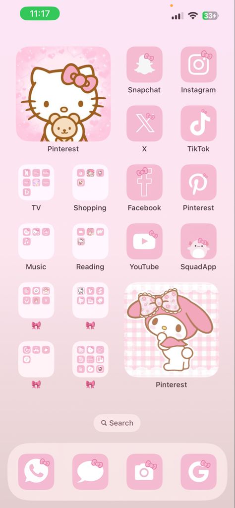 Phone Decor>Hello Kitty App Icons Kawaii, Hello Kitty Phone Setup, Phone Inspiration Hello Kitty, Hello Kitty Themes Iphone, Phone Layout Ideas Hello Kitty, Iphone App Design Ideas, Hello Kitty Aesthetic Phone Theme, Cute Pfps For School, Hello Kitty Phone Aesthetic