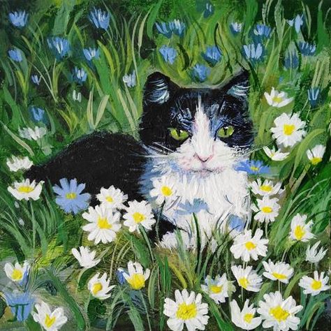 Chamomile Painting, Acrylic Painting Cat, Tuxedo Cat Art, Painting Daisy, Cat Art Painting, Cat Portrait Painting, Painted Cat, Cat Paintings, Daisy Art