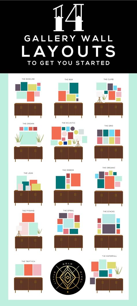 14 Gallery Wall Layouts to Get You Started • Little Gold Pixel  #gallerywall #gallerywalls #gallerywalllayouts #wallartideas #gallerywallideas Gallery Wall Layouts, Gallery Wall Layout, Desain Editorial, Photo Wall Gallery, Gallery Wall Inspiration, Gallery Wall Living Room, Diy Paint, Decor Minimalist, Wall Gallery