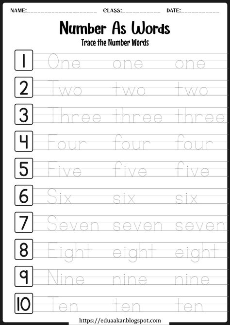 Word Numbers Free Printable, Number Worksheets For Grade 1, Afterschool Worksheets, Kindergarten Worksheets Free Printables Handwriting Practice, Number English, Kindergarten Syllabus, Preschool Homework, Aktiviti Prasekolah, Kertas Kerja Prasekolah