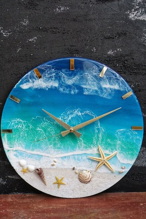 Resin Geode Wall Clock, Ocean Themed Resin Art, Resin Wall Art Home Decor, Beach Theme Office, Resin Art Wall Clock, Epoxy Resin Wall Art, Epoxy Wall Art, Epoxy Resin Wall, Ocean Wave Painting