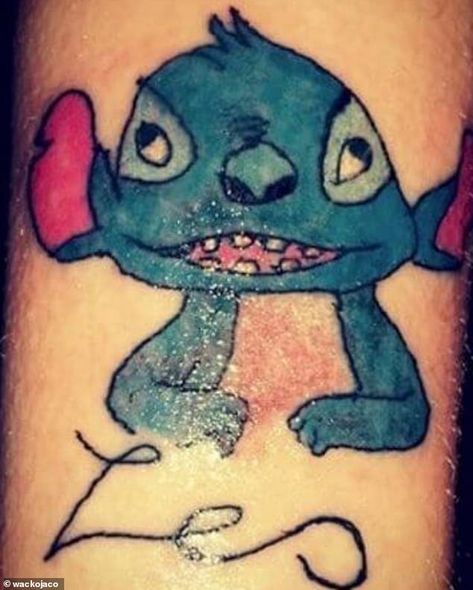 Oh dear! This tattoo was meant to be Stitch from the Disney hit Lilo and Stitch but it is not the greatest copy of the character Stitch Tattoo Design, Dark Disney Tattoo, Disney Characters Tattoos, Cute Disney Tattoos, Disney Stitch Tattoo, Lilo And Stitch Tattoo, Tattoo Memes, Tattoo Mistakes, Tattoo Character