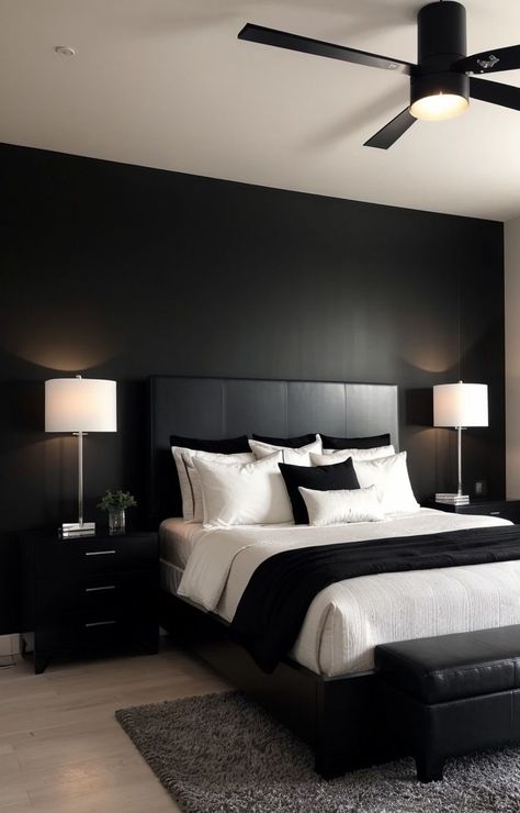 Black Accent Wall With Black Bed, Black Bed With Black Wall, Luxury Bedroom Black And White, Black Furniture Design, Bedding For Black Bedroom Furniture, Black Bed And White Furniture, Black And White Bed Ideas, Black Accent Wall With Black Furniture, Black Minimalist Bedroom Aesthetic