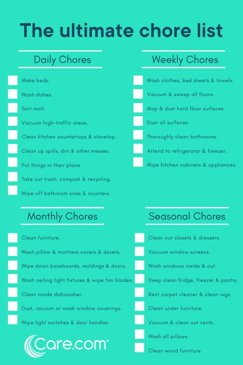 Having trouble keeping your house clean and organized? Use a family chore chart to stay on top of the workload. Here are 33 chores to do to keep your house sparkling. #cleaning #chores #checklist Organisation, Household Chores Chart, Household Chores List, Chore Schedule, Chore Checklist, Family Chore Charts, Weekly Chores, House Chores, Chore List