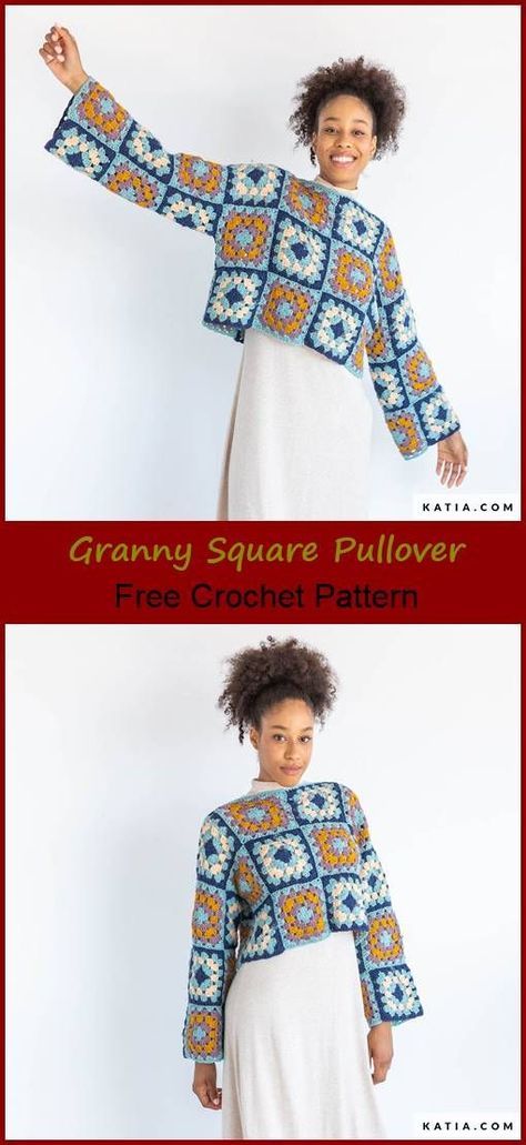 Mini Granny Square Pullover Free Crochet Pattern How To Make A Sweater Out Of Granny Squares, Couture, Granny Square Long Sleeve Top Pattern, Granny Square Crochet Shirt Pattern, Granny Square Cardigan Layout Pattern, Granny Square Jumper Layout, Easy Granny Square Sweater, Crochet Granny Square Jumper Free Pattern, Granny Square Cropped Sweater