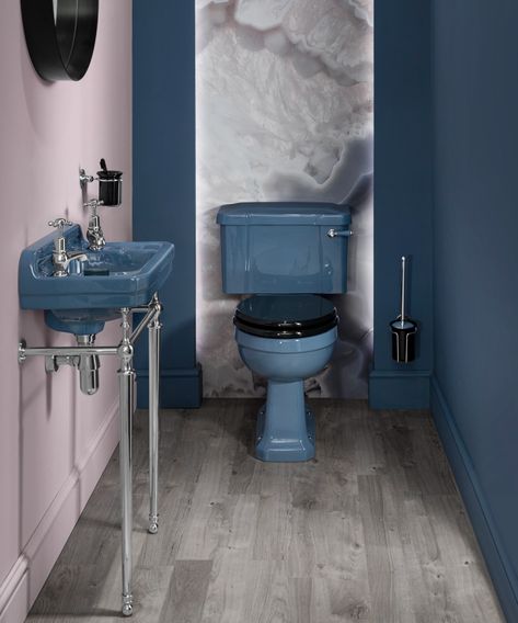 15 blue bathroom ideas – decor that creates a relaxing retreat | Real Homes Blue Toilet Design, Lave Main Design, Toilet Remodel, Blue Toilet, Burlington Bathroom, Toilet Unit, Bathroom Sanitary, Murs Roses, Cloakroom Basin