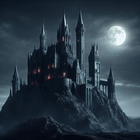 Dark castle at night Dark Castle Fantasy Art, Black Palace Aesthetic, Castle At Night Aesthetic, Night Castle Aesthetic, Dark Dreamscape Aesthetic, Fantasy Castle Dark, Fantasy Dark Castle, Dark Fantasy Places, Gothic Castle Art