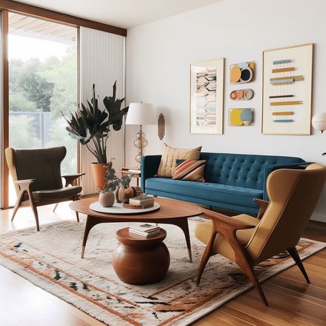 Art Deco Mcm Living Room, Eccentric Mid Century Modern, Living Room Retro Vintage, Bold Mid Century Modern Living Room, Retro Vintage Interior Design, Interior Design Retro Modern, Modern Fun Interior Design, Contemporary Retro Living Room, Mid Century Modern Living Room Navy Sofa