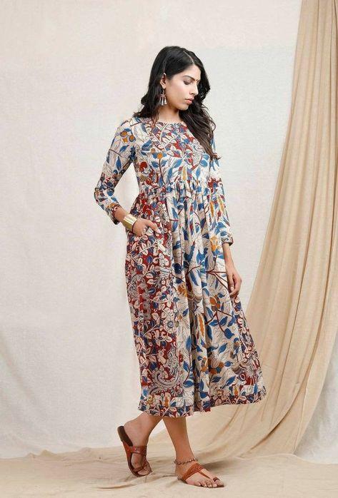 Casual Frocks For Women, Frocks For Women Knee Length, Kalamkari Skirts, Cotton Frocks For Women, Kalamkari Tops, Kalamkari Kurti, Kalamkari Dress, Kalamkari Kurta, Indo Western Dresses For Women