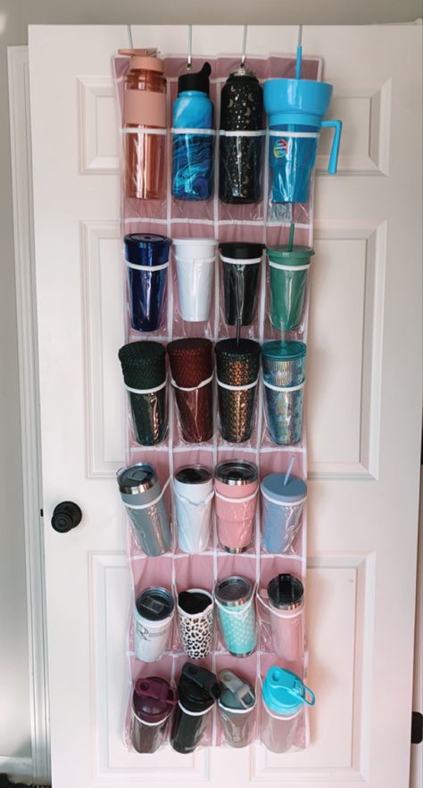 To Go Cup Organization, Storage For Cups, Storage For Starbucks Tumblers, Tumblr Cup Storage Ideas, Travel Cup Storage, Fun Storage Ideas, Diy Small Kitchen Cabinets, Starbucks Cup Organizer, Organizing Tumbler Cups