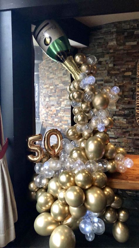 Balloon Decor Anniversary, 50th Balloons Decorations, 70th Party Decor, 50 Balloon Garland, Champagne Birthday Balloons, Mens Balloon Decorations, 50th Anniversary Balloon Decorations, Stair Case Balloon Decor, 40 Birthday Balloons Decoration