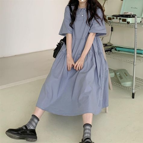 Brand Name: MajeseeSilhouette: LOOSEOrigin: CN(Origin)Season: SummerNeckline: Peter pan CollarSleeve Style: RegularDecoration: ButtonStyle: CasualDresses Length: Mid-CalfMaterial: COTTONMaterial: PolyesterAge: Ages 18-35 Years OldModel Number: wkm509Sleeve Length(cm): ShortWaistline: Natural FactorsPattern Type: SolidSize: S M L XLColor: blueSeason: summer autumnCondition: dailyStyle: korean styleModel number: women dressesDepartment name: adultsFeature 1: casualFeature 2: chicFeature 3: loose Japan Outfit Summer, Casual Dress Korean Style, Ulzzang Dress, Japanese Fashion Women, Long Tshirt Dress, Streetwear Chic, Japan Outfit, Style Japanese, Outfits Korean