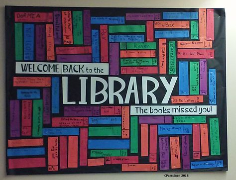 Welcome back to the library, the books missed you bulletin board.  Fifth graders made paper spines representing books they were challenged to find.  LIBRARY cut with Silhouette Cameo. Welcome Back To The Library, Mural Inspiration, Library Bulletin Board, Library Bulletin Boards, Library Boards, Library Wall, Library Displays, Library Ideas, Book Of The Month