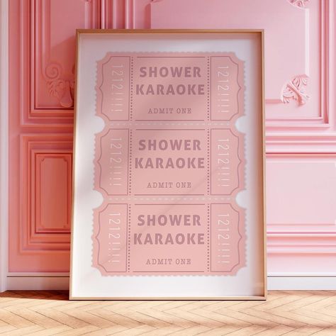 ✣ 𝗜𝗠𝗠𝗘𝗗𝗜𝗔𝗧𝗘 𝗗𝗢𝗪𝗡𝗟𝗢𝗔𝗗 ✣ Step back in time with these Retro Shower Karaoke Tickets pastel peach pink wall art printable posters. Perfect for adding a touch of vintage style and aesthetic trend to your space. Embrace maximalist wall art with a cool and girly design that will bring back fun memories of summer. This digital download is ready to add some dopamine decor to your home in an instant.  Make It Yours:  Upon purchase, a high-resolution digital file is yours to keep. Print it Shower Karaoke, Girly Bathroom Decor, Wall Decor College, Girly Preppy, Dorm Room Posters, Girly Bathroom, Bathroom Posters, College Apartment Decor, Funny Bathroom Decor