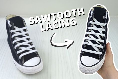 Sawtooth lacing Laces On Converse, Lattice Lacing Shoes, Cool Ways To Lace Shoes, Lace Your Shoes, How To Tie Laces, How To Style Converse, Lace Converse Shoes, Converse High Cut, Lace Converse