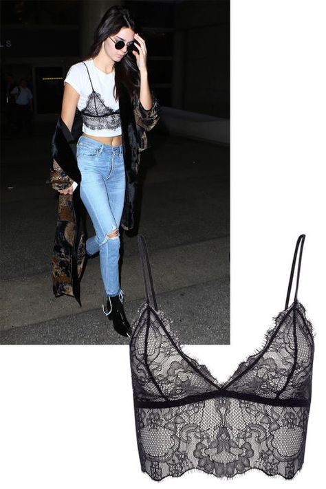 10 ways to style a lace bralette this summer: Kendall Jenner layers her black lace bra top over a white t-shirt. Shop the look here: Black Lace Top Over White Shirt, Bra On Top Of Shirt, Bra Top Over Shirt Outfit, Black Lace Seethrough Top Outfit, Black Bra Under White Shirt, Bra Shirt Outfit Style, Styling Sheer Top, Lace Bra Outfit Casual, Black Lace Bra Outfit