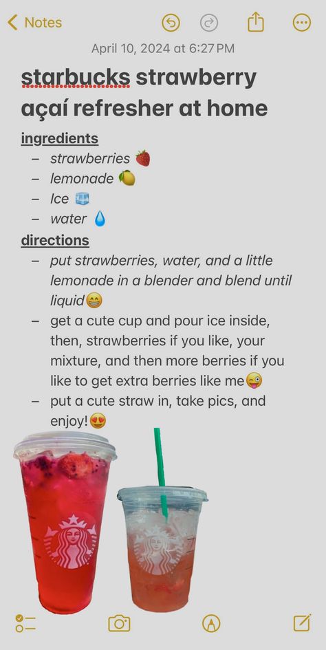 Acai Drink Starbucks, Starbucks Drinks Trenta, How To Make A Starbucks Strawberry Lemonade Refresher, How To Make A Drink At Home, Strawberry Acai Starbucks Recipe, Pink Drink Starbucks Recipe Healthy, Acai Starbucks Drink, Homemade Drink Ideas, Summer Refreshers Starbucks