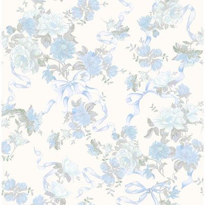 This dreamy and feminine floral wallpaper will bring timeless elegance to your walls. The voluptuous blooms are inked in shades of soft cream and light blues, with streaming blue ribbons trailing between each loose bouquet. Cabbage Rose Bow is an unpasted, non woven wallpaper. Colour: Blue Loose Bouquet, Blue Floral Wallpaper, Shabby Chic Wallpaper, Blue Flower Wallpaper, Bow Wallpaper, Blue Ribbons, River Blue, A Street Prints, Roses Wallpaper