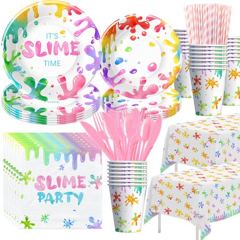 PRICES MAY VARY. 【Slime Party Decorations】Immerse your party in a world of vibrant colors and whimsical designs with our ultimate slime birthday party supplies Tableware Set. The eye-catching slime patterns and lively hues create a lively atmosphere that perfectly complements the playful spirit of your celebration 【What Will You Get】Our it's slime time slime birthday decorations tableware set included 24pcs 9'' slime dinner plates, 24pcs 7'' slime dessert plates, 24pcs napkins, 24pcs cups, 24 se Slime Party Ideas Decoration, Slime Party Ideas, Slime Birthday Party Ideas, Slime Making Party, Slime Theme, Ultimate Slime, Slime Birthday Party, Colorful Slime, Party Cutlery