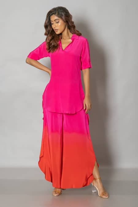 Buy Pinki Sinha Pink Crepe Solid Stand Collar Top And Pant Set Online | Aza Fashions Crepe Stand, Stand Collar Top, Cowl Dress, Dress Salwar Kameez, Embroidered Crop Tops, Casual Indian Fashion, Cotton Kurti Designs, Crepe Top, Floral Embroidered Top