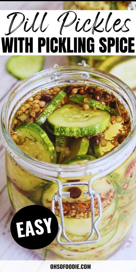 Text reads Dill Pickles With Pickling Spice Pickles With Pickling Spice, Pasta Bread Bowl, Parker House Rolls Recipe, Homemade Dill Pickles, Homemade Refrigerator Pickles, Refrigerator Dill Pickles, Paleo Blueberry Muffins, Refrigerator Pickle Recipes, Chowder Recipes Seafood