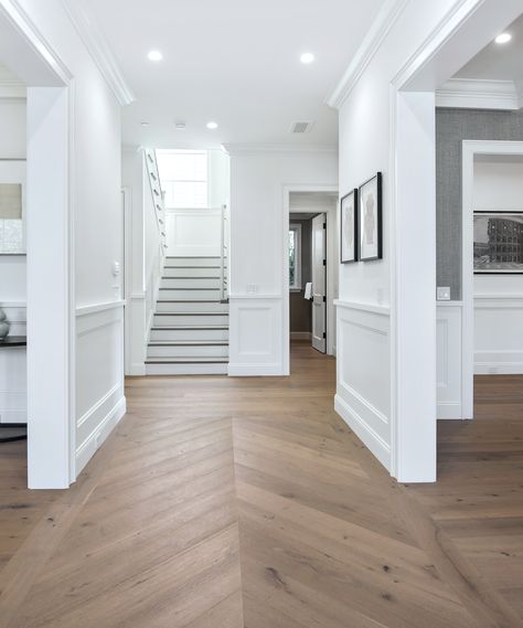 Entry Way Wood Floor Designs, Wood Flooring Chevron, Modern Traditional Flooring, Light Wood Floors With Gray Walls, Chevron Floor Living Room, Light Chevron Wood Floor, Chevron Marble Floor, Floor Entrance Design, Hardwood Floor Design