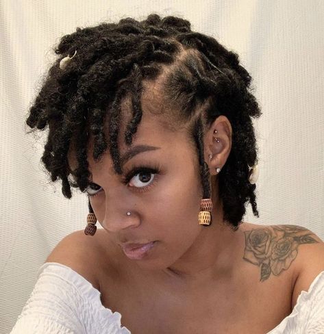 Mid Loc Styles, Styled Short Locs Black Women, Dread Cornrow Styles, Formal Loc Styles Black Women Short, Medium Starter Locs Short 4c Hair, Lox Hairstyles Short, Locs Style Short Hair, Short Natural Dreads Black Woman, Dred Locks Styles Black Women