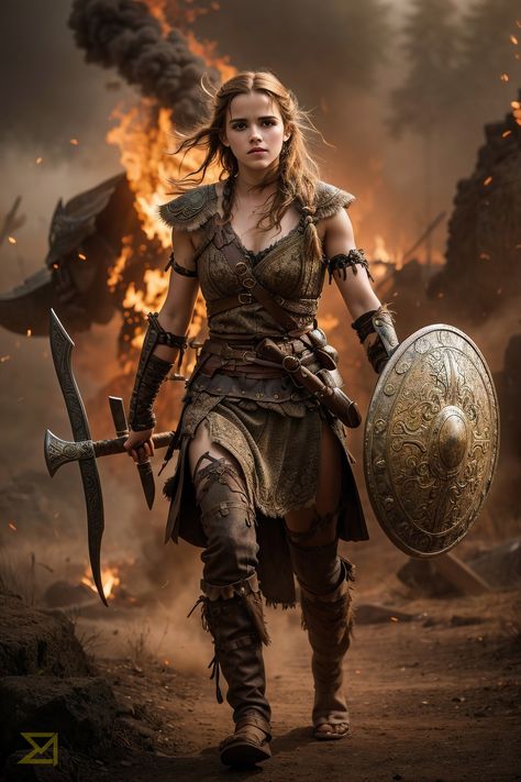 Emma Watson as beautiful stunning Viking warrior woman. Share this with your friends! Slavic Warrior, Warrior Princess Aesthetic, Fairy Warrior, Nordic Women, Amazons Wonder Woman, Viking Girl, Amazons Women Warriors, Aa Tattoos, Viking Warrior Woman