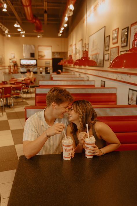 Diner Couples Photoshoot, Waffle House Engagement Photos, Couple Diner Photoshoot, Retro Diner Photoshoot Couple, 60s Couple Photoshoot, Diner Couple Photoshoot, Diner Engagement Photoshoot, Couples Diner Photoshoot, Vintage Diner Photoshoot