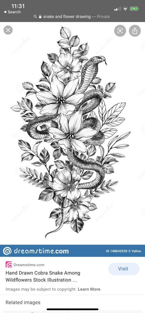 Snake And Flower Tattoo, Tattoo Bein Frau, Hur Man Ritar Blommor, Snake And Flowers Tattoo, Snake And Flowers, Calf Tattoos For Women, Flower Leg Tattoos, Cobra Tattoo, Flores Tattoo