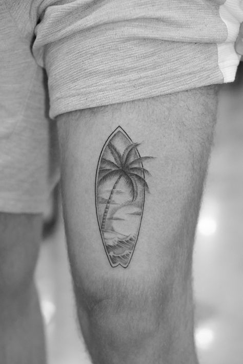 Looking for Black and Grey Fine Line and Single Needle Tattoos? Follow for the latest designs and tattoo reference inspiration @danielcollinsart 
#tattooinspiration #tattooideas #fineline #singleneedle #microrealism #tattoos #blackworktattoo #inked #blackandgrey #beachtattoo #surftattooo Mens Surf Tattoo Ideas, Tattoo Ideas Surfing, Men’s Beach Tattoo Small, Palm Tree And Plane Tattoo, Simple Beach Tattoo Men, Palm Tree Surfboard Tattoo, Palm Tree And Surfboard Tattoo, Socal Tattoo Ideas, Summer Tattoo Men