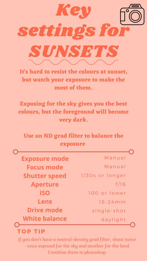 Photo Shoot Camera Settings, Sunset Picture Settings, Photography Summer Ideas, Nikon D3000 Tips Camera Settings, Beginner Camera Settings, Settings For Sunset Photography, Sunset Settings Photography, Camera Tricks Canon, Photography Tips For Beginners Nikon