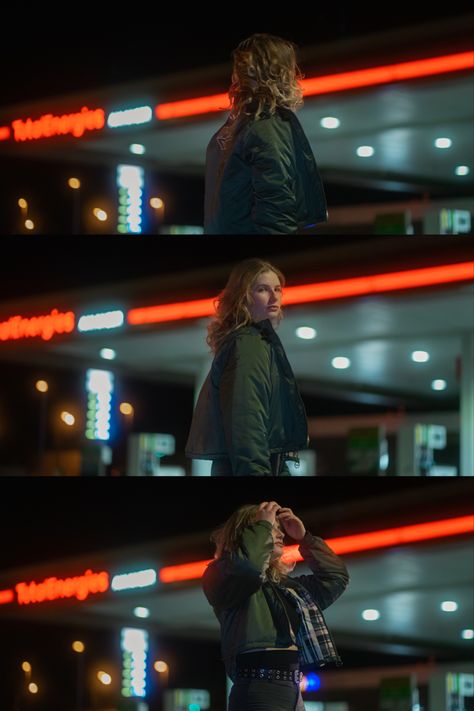 Take Photos Aesthetic, Photography Low Light, Petrol Station Photography, Night Cinematic Photography, 35mm Film Photography Aesthetic Night, Darkness Photography Ideas, Night Gas Station Photoshoot, Photo Station Essence, Night Aesthetic Portrait