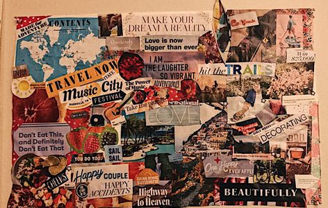 Vision board/ collage 💗2019 goals Magazine Collage Vision Board, Magazine Vision Board Ideas, Artistic Vision Board, Vision Board Ideas Collage, Vision Board Poster Examples, Magazine Vision Board, Vision Board Magazine Cutouts, Collage Making Ideas For School, Vision Board Scrapbook