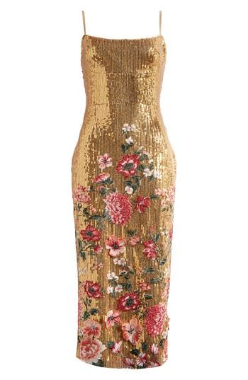 Elegant and enchanting, this square-neck dress is designed with a garden of floral embroidery and a lustrous sequined backdrop. 40 1/2" center front length (size 10) Square neck Spaghetti straps Lined 100% polyester Dry clean Imported Couture, Haute Couture, Embroidery Dress Designs, Rose Cocktail Dress, Garden Dresses, Wedding Event Dresses, Cocktail Dress Nordstrom, Gold Dresses, Gold Cocktail Dress