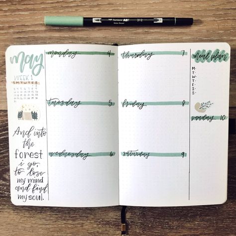 Dot Journal Weekly Planner, May Bullet Journal Weekly Spread, Dot Journal Weekly Layout, Weekly Spreads Bullet Journal, Bullet Journal Weekly Layout Two Pages, Weekly Journal Spread, Camping Bullet Journal, Bujo Weekly Spread Layout, Bujo Weekly Spread Ideas
