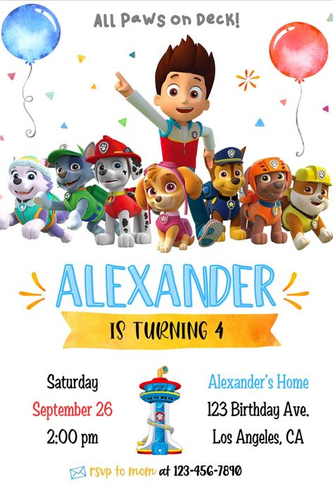 Paw Patrol birthday invitation template 1 This is an editable Canva digital invitation. Paw Patrol Birthday Card, Paw Patrol Party Invitations, Create Birthday Invitations, Paw Patrol Birthday Invitations, Paw Patrol Invitations, Boys First Birthday Party Ideas, Paw Patrol Birthday Party, Happy Birthday Song, 2nd Birthday Invitations