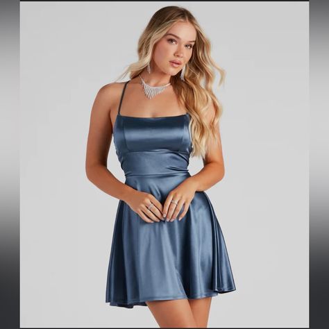 Gorgeous Pop Of Color! Nwt Ties In The Back, Very Flattering Fit And Style Silk Homecoming Dress, Blue Homecoming Dresses Short, Light Blue Skater Dress, Satin Skater Dress, Black Lace Bodycon Dress, Short Green Dress, Silk Dress Short, Red Satin Dress, Blue Homecoming Dresses