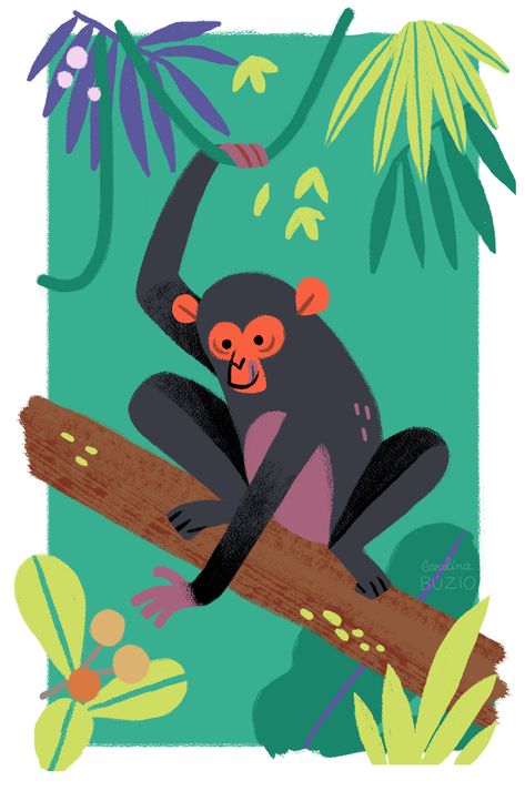 A grey chimpanzee with an orange face holds onto a liana and reaches for a fruit at the bottom corner of the image. The background is green, and he he sitting on a fallen tree trunk. We see some jungle plants in lime green, dark green and purple. Spider Monkey Illustration, Tropical Rainforest Illustration, Jungle Animals Illustration, Chimpanzee Illustration, Jungle With Animals, Cute Chimpanzee, Illustrative Typography, Chimpanzee Art, Rainforest Illustration