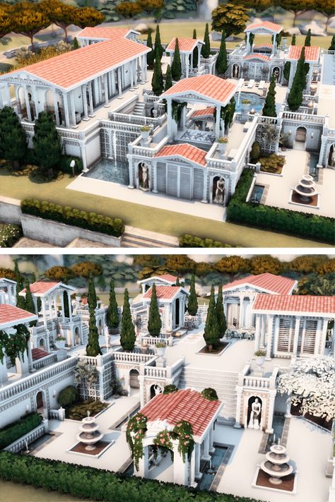 Created for the Simythology Collaboration.
Cicera Villa is a Roman, Greek-inspired home perfect for a family of 8.
It's built on a 50 x 50 lot in Tartosa. There is a Hot spring room, Living Room, Kitchen, Dining Room, Study, 4 Bedrooms, and 4 Bathrooms.
Outside is a BBQ and eating area, Swimming pool and lounge chairs.
All for only $543,150 Simoleons

Download @ https://www.thesimsresource.com/downloads/1675597 Sims 4 Greek Villa, Roman Inspired House, Greek Style Mansion, Bloxburg Villa Layout, Sims 4 Greek House, Sims 4 50x50 House, Sims 4 Greece, Sims 4 Spanish Cc, Roman House Design