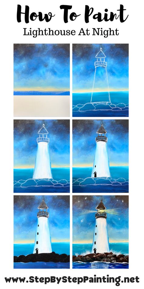 Step By Step Lighthouse Painting, Painting Lighthouses Easy, Easy Lighthouse Painting For Beginners, Lighthouse Acrylic Painting Easy, Diy Lighthouse Painting, Lighthouse Painting Tutorial, Lighthouse Painting Acrylic Easy, Easy Light House Painting, Oil Pastel Lighthouse