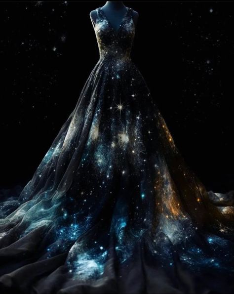 Celestial Gown Aesthetic, Aurora Borealis Dress, Galaxy Dress Formal, Galaxy Ball Gown, Galaxy Wedding Dress, Night Sky Dress, Celestial Gown, Gown Aesthetic, Fantasy Wedding Dress